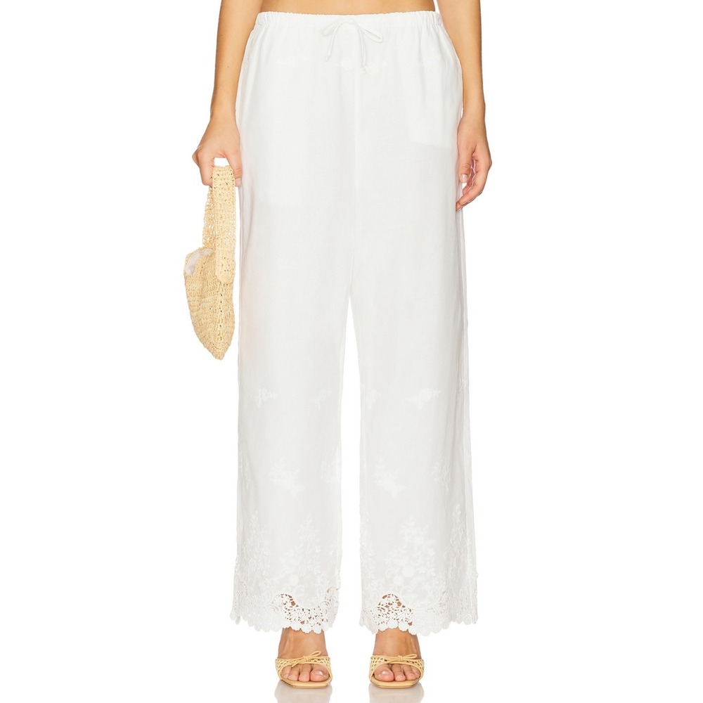 NWT WeWoreWhat Tie Waist Pant‎ Ivory Lace Trim Straight Leg Size Small